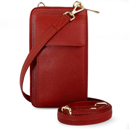 BULL GUARD Crossbody Bag for Women, Leather Phone Wallet Purse with Adjustable Anti Theft Strap & RFID Blocking 12 Card Slots - color: Red Velvet Bliss Latte - Small