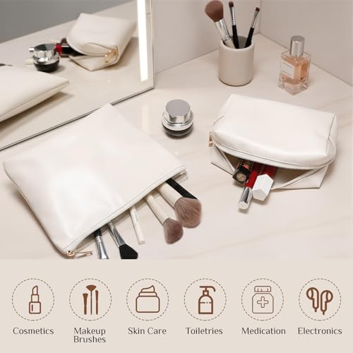 Kigeli 2 Pcs PU Leather Makeup Bag Set for Women Waterproof Aesthetic Cosmetic Bag Large & Small Travel Toiletry Organizer Pouch Skincare Organizer Bridesmaid Mother's Day Birthday Gift(Beige) - color: Beige