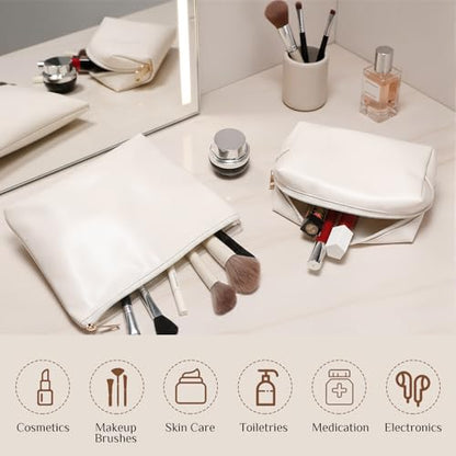 Kigeli 2 Pcs PU Leather Makeup Bag Set for Women Waterproof Aesthetic Cosmetic Bag Large & Small Travel Toiletry Organizer Pouch Skincare Organizer Bridesmaid Mother's Day Birthday Gift(Beige) - color: Beige