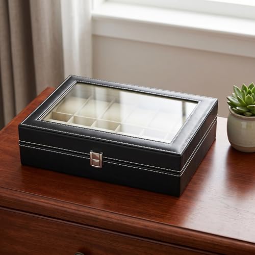12 Slot Leather Watch Box Display Case Organizer with Framed Glass Lid Elegant Contrast and Removable Pillow for Men and Women Watch and Jewelry Large Holder Boxes