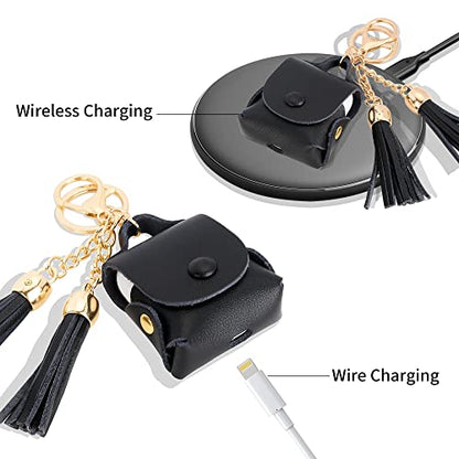 MODOS LOGICOS Charging Case Cover for Apple Air Pods, Genuine Leather Case with a Couple of Drooping Tassels for Apple AirPods 1/2 Charging Case - Black - color: Black(genuineleather)