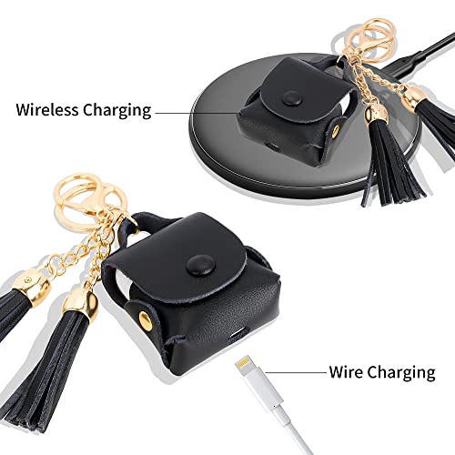 MODOS LOGICOS Charging Case Cover for Apple Air Pods, Genuine Leather Case with a Couple of Drooping Tassels for Apple AirPods 1/2 Charging Case - Black - color: Black(genuineleather)