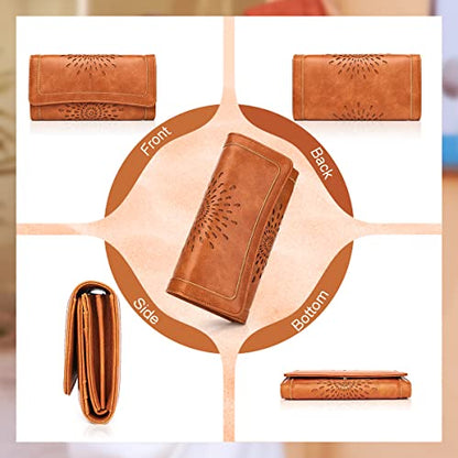 APHISON Womens Wallets RFID Blocking Leather Clutch Long Wallet for Women Card Holder Phone Organizer Ladies Travel Purse Hollow Out Sunflower Design Gift - color: BROWN