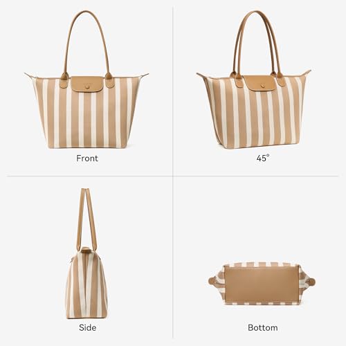 BOSTANTEN Structured Tote Handbag for Women Lightweight Summer Purse | Soft Flyknit or Straw Material, Quiet Luxury, Cute Design, Roomy, Reinforced Handle Strap, Vacation Travel Commute Everyday - color: Flyknit-khaki and Beige Striped