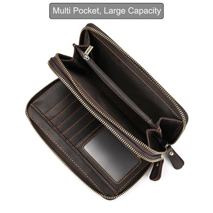 Genuine Leather Long Wallet for Men, Large Capacity Purse Clutch Bag Handbag Checkbook Cash Credit Cards Phone Holder | Large Capacity - color: 1009-Dark Brown