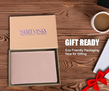 STAR VISTA Phoenix Leather Passport Holder, Calfskin Travel Wallet - RFID Blocking, ID Window, Zipper Pocket, Pen & Notebook Included, Pale Pink - color: Pink B