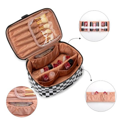 Wrangler Travel Makeup Bag 2pcs Set Cosmetic Bag with Makeup Brush Holder | Portable Make Up Organizer,Large Toiletry Bag with Divider and Handle for Women - color: Checkered-Black
