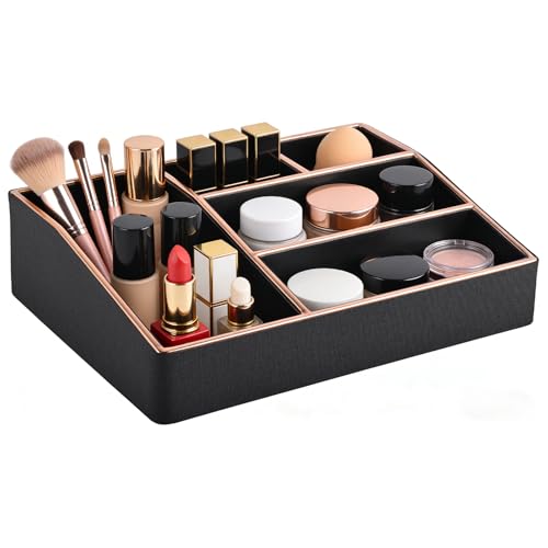 PU Leather Makeup Organizer Tray,Large Vanity Organizer,Cosmetic Storage Box for Lipstick Brushes Skincare Perfume,Cosmetic Display Case Rose Gold-trimmed for Dresser,Bathroom Countertop(Black) - color: Black