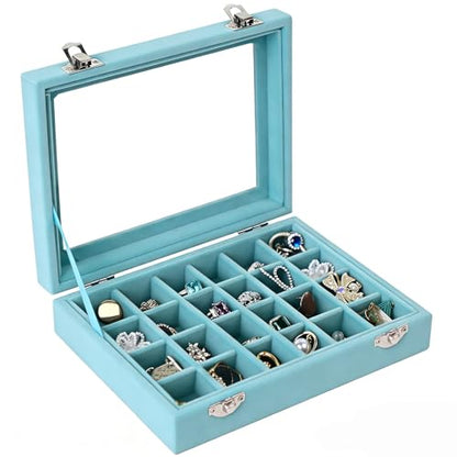 Velvet Jewelry Box 24 Grid Jewelry Earrings Display Organiser Box Ring Tray Holder Earrings Storage Case for Girls Women Wife Mom (Light blue) - color: Light blue