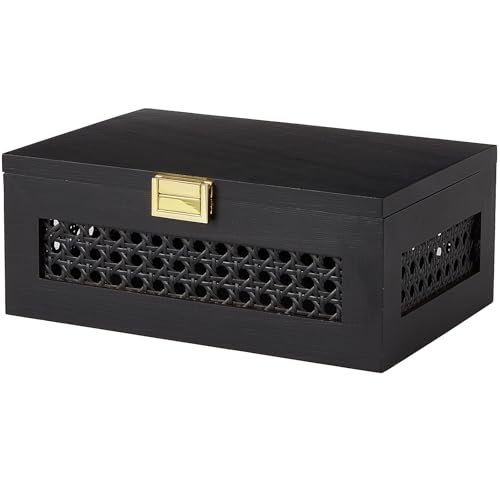 Decorative Rattan Storage Boxes Baskets with Lid Wooden Frame | Solid Wood Woven Wicker Bins, Jewelry Keepsake Container, Natural Boho Decor, Desk Shelf Closet Organizer, Black, Small - color: Black, size: Set of 1 (Small)