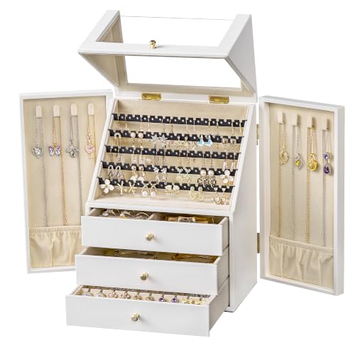 Jewelry Organizer Box for Women with Earring and Necklace Storage | Jewelry Box Organizer,Multi-Tier Drawers,Side Necklace Doors,Clear Window,Earring Display,Leather Finish - color: White