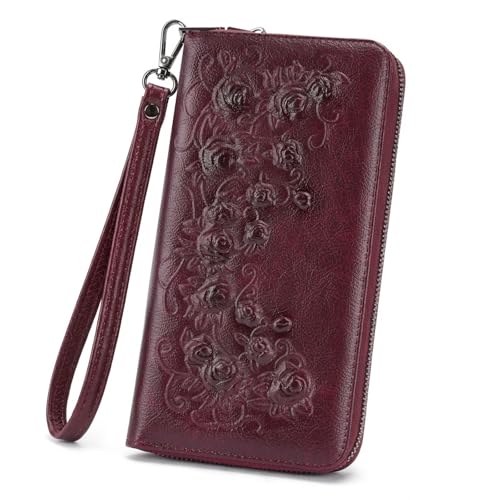 MEITRUE Womens Wallet Large Capacity Phone Clutch Purse RFID Floral Embossed Vegan Leather Travel Wallet with Wristlet Red - color: 07-red