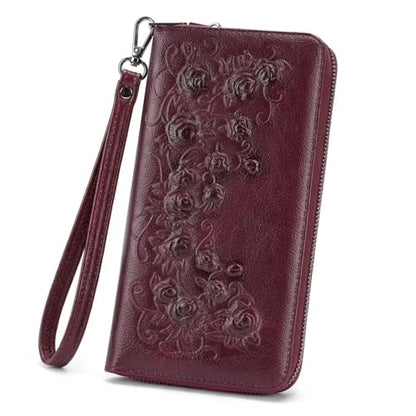 MEITRUE Womens Wallet Large Capacity Phone Clutch Purse RFID Floral Embossed Vegan Leather Travel Wallet with Wristlet Red - color: 07-red