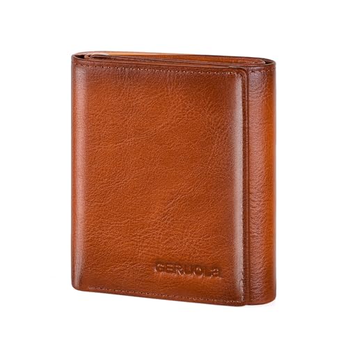 Trifold Wallets for Men Genuine Leather Large Capacity RFID Blocking, Includes Id Window and Credit Card Holder,Mens Wallets Leather (Brown) - color: Brown