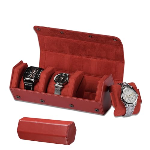 3-Slot Watch Travel Case PU Leather Organizer Men | Hexagonal upright case with waterproof and snap closure, ideal for travel and watch lovers.（Red） - color: red, size: 3-slots