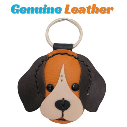 Genuine Leather Keychain, Animal Keyring, Bag Purse Charm Pendant Gifts Handmade, Cute Key Holder, Pets Lover Accessories - color: Begle Dark Brown Ears