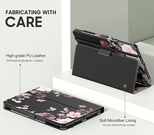 MoKo Case Fits Kindle Fire HD 8 & 8 Plus Tablet 8", Purple Flowers on Black | Slim Folding Stand Cover for Fire HD 8 12th/10th Gen, 2024/2022/2020, Auto Wake/Sleep, Hand Strap, Dual Angle, Pen Loop - color: purple flowers on black