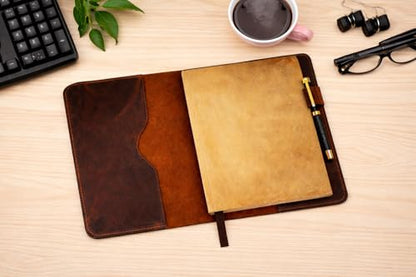 XL Leather Journal Cover 7.5 X 9.75 In With Pen Loop, Brown | Handmade Refillable Leather Sleeve Fits B5 And Composition Notebooks, With Pen Loop For Sketching, Journaling And Writing