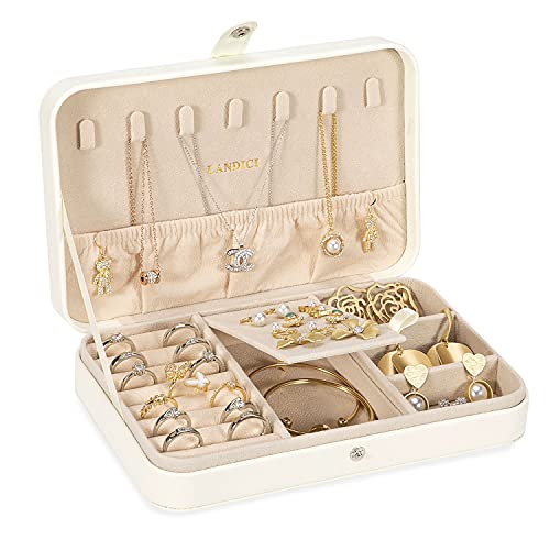 LANDICI Small Jewelry Box for Women Girls, PU Leather Travel Jewelry Case, Portable Jewelry Organizer Storage Holder Display for Ring Earrings Necklace Bracelet Bangle Men Kids Gift, White - color: White