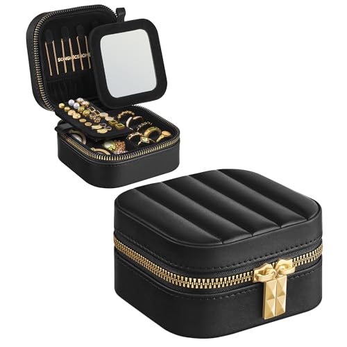 SONGMICS HOME Travel Jewelry Case, Portable Box Organizer with Mirror | Small Jewelry Box, 4.1 x 4.4 x 2.4 Inches, PU Surface with Stitching, Gift Idea, Ink Black, ANAH Collection UJBC179B01 - color: Ink Black, size: 4.1"W
