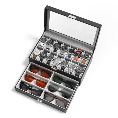 Watch Case Box for Men - 14 Slots Watch Display Organizer with Glass Lid, Double Layer PU Leather Jewelry Storage with Drawer, Gift for Husband Boyfriend Dad, Black - size: 14 Slots, Black