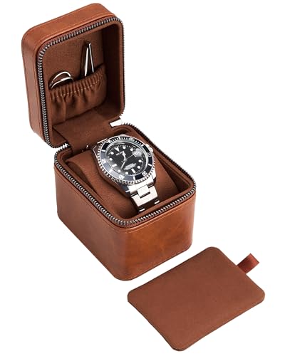 ProCase Single Watch Travel Case for Men, Portable Watch Holder -Brown | PU Leather, Compact Small Travel Carrying Box, Storage Case for Luxury Watches & Smartwatches with Jewelry Compartment - color: Brown