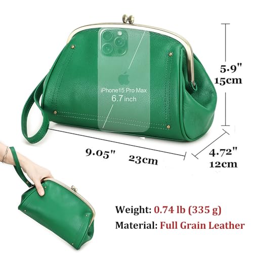 CONTACTS Full Grain Leather Kiss Lock Clutch Purse for Women Evening Clutch Bag Kiss Clasp Handbag - color: Green