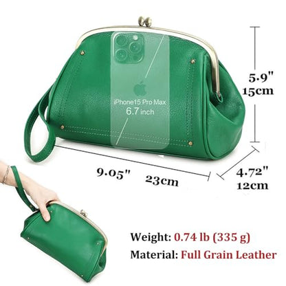 CONTACTS Full Grain Leather Kiss Lock Clutch Purse for Women Evening Clutch Bag Kiss Clasp Handbag - color: Green