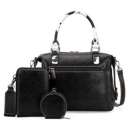 Wrangler 3Pcs Doctor Bag Sets for Women Top-handle Satchel Bag with Cell Phone Handbag and Coin Purse - color: Black Cow Print