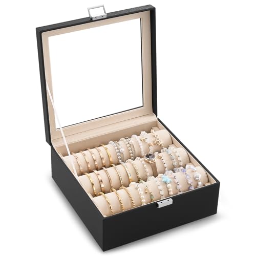Lolalet Bracelet Display Holder with Clear Lid -Black | Jewelry Organizer with 3 Velvet Display Rods, Perfect Storage Case for Bangles, Bracelets, and Watches, Great gift for her - color: Black, size: 3 Rolls