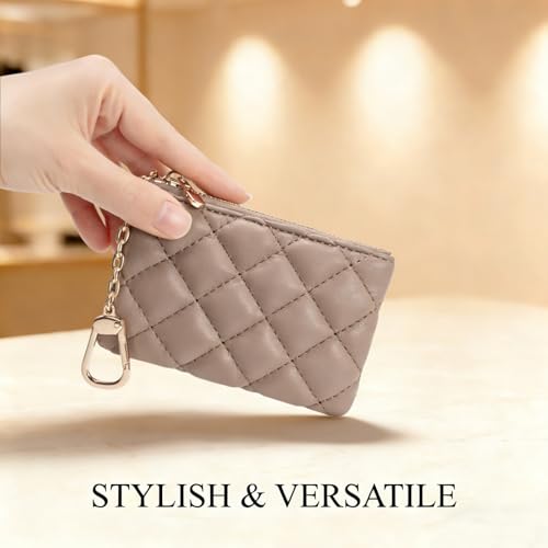 Quilted Faux Leather Coin Purse with Keychain - Small Coin Pouch Key Pouch Small Card Holder Keychain Wallet Change Purse for Women and Men (Khaki) - color: Khaki