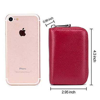 RFID Credit Card Holder Genuine Leather Credit Card Wallet with Zipper | RFID - color: wine red