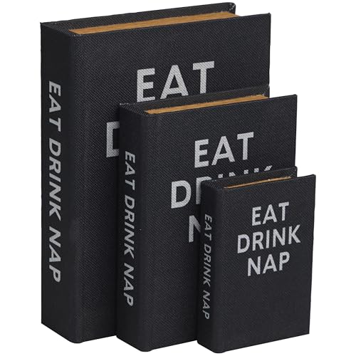 Deco 79 Linen Fabric Decorative Box Storage Book Book Shaped Boxes with Typography and Gold Page Inspired Detail, Set of 3 Decorative Keepsake Boxes 12", 9", 6"H, Black - color: Black, size: 12", 9", 6"H
