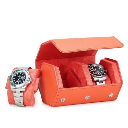 Hiram Genuine Leather Saffiano Watch Roll Travel Case, Leather 2-Watches Roll Case for Treasured Watches and Bracelets(Orange) - color: Orange, size: 2-slots
