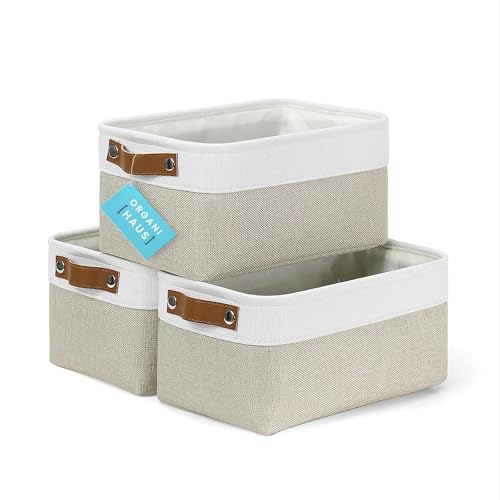 OrganiHaus 12x8in Canvas Storage Baskets, 3 Pack - Fabric Bins for Shelves | Vegan leather handles; a decorative pantry and office organizer, container for desk and books - color: Beige / Off-White, size: Small - 3pc