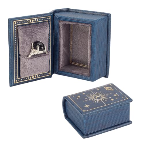 2PCS Dark Vintage Magic Book-Shaped Ring Box PU Leather Closure for Proposal Engagement Gift Jewelry Box Elegant Display Holder Ring Mini Ring Box for Proposals Engagements Weddings - color: Marine Blue