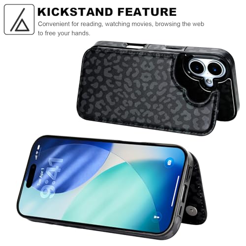 HAOPINSH Wallet Case with Card Holder for iPhone 17, Black Leopard | Back Flip Folio Kickstand ,PU Leather Card Slots Case Wallet for Women Men Girls, Double Magnetic Clasp Shockproof Cover 6.3" - color: Black Leopard