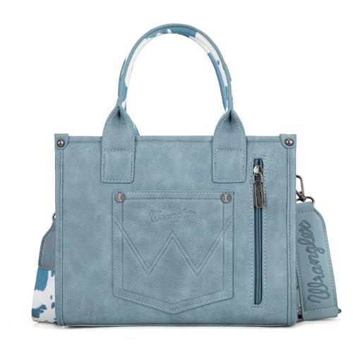 Wrangler Cow Print Tote Bag for Women Western Purse Boho Top Handle Satchel Handbag with Signature Strap - color: Allover Cow Print Blue