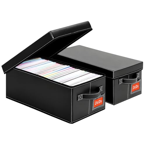DVD Storage Box – Black Faux Leather DVD Case with Lid – DVD Shelf Organizer for 25 Standard DVD Cases – Foldable & Stackable Media Storage Solution-2Pack - size: DVD-2Pack