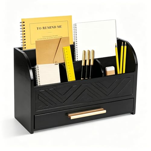 Charmewooden Black Desktop Organizer with Drawer Storage, White Desk Organizer Mail Holder Mail Organizer Countertop Pen Holder Letter Sorter Make up Organizer for School Home Office Supplies - color: Black