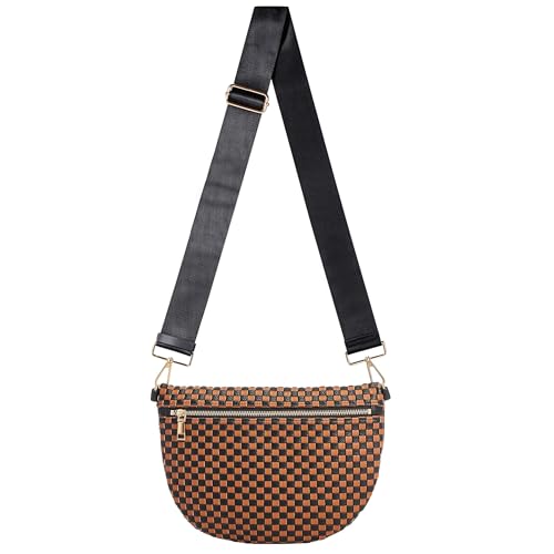 Woven Crossbody Bag for Women, Checkered PU Bum Bag Sling Purse with Adjustable Strap for Travel, Festivals - color: Brown Black