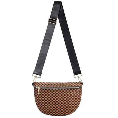 Woven Crossbody Bag for Women, Checkered PU Bum Bag Sling Purse with Adjustable Strap for Travel, Festivals - color: Brown Black