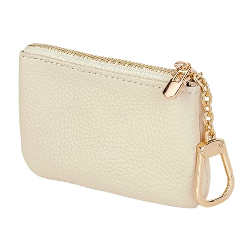 Full Grain Leather Coin Purse with Key Chain - Small Change Purse Keychain Card Holder Keychain Pouch Small Keychain Wallet for Women and Men (Creamy-white), LA-2312 - color: Creamy-white, Regular Size