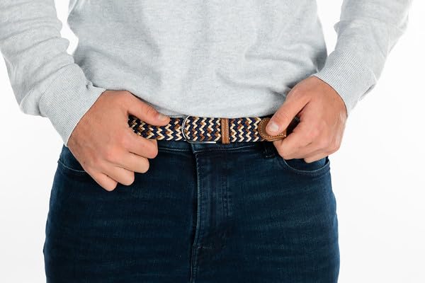 Funky Junque Men's Braided Stretch Belt, Golf Elastic Rope | Braided polyester men's belt with genuine leather end piece for golf, office, hiking, biking & fishing - color: Navy/Brown/Cream Mix, size: Large (Pant Size 33"-36")