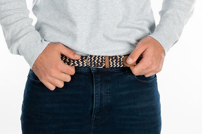 Funky Junque Men's Braided Stretch Belt, Golf Elastic Rope | Braided polyester men's belt with genuine leather end piece for golf, office, hiking, biking & fishing - color: Navy/Brown/Cream Mix, size: Large (Pant Size 33"-36")