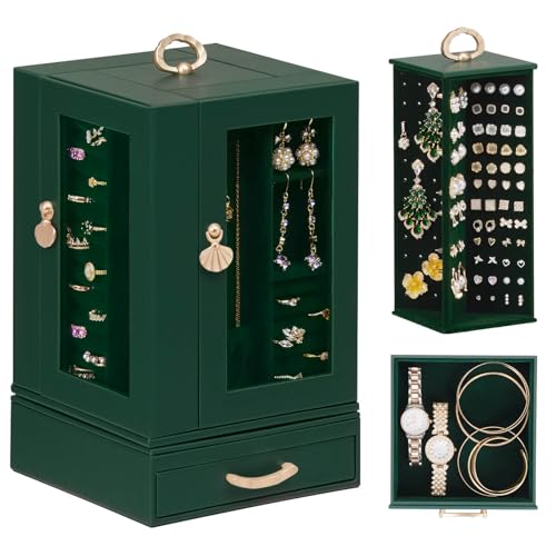 Luxury Jewelry Box for Women: 360° Rotating with Clear Window | Compact Jewelry Storage with Drawer - Necklace Ring Organizer with Compartments - Elegant Earring Holder Display Great Gift - color: Dark Green