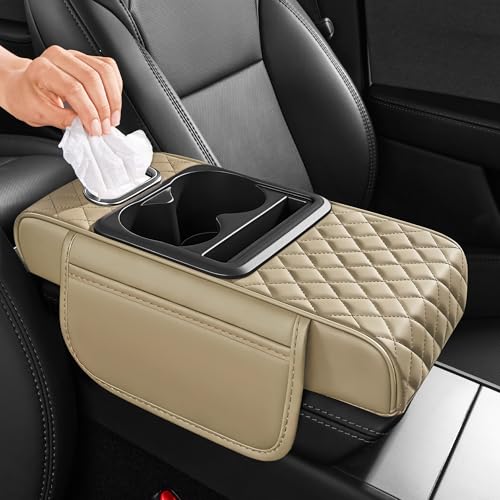 5 in 1 Nappa Leather Console Armrest Cover, Beige | Built-in cup holder, tissue slot, phone holder & 2 storage pockets, practical car accessories fit SUV sedan truck - color: Beige