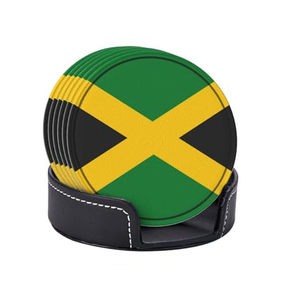 Jamaica Flag Leather Drinks Coasters with Holder, Set of 6, Suitable for Various Cups - color: Jamaica Flag