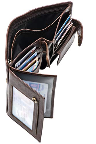 POKOFO Large RFID Genuine Leather Card Holder Trifold Wallet Snap Closure 3 ID Windows for men - color: Chocolate Large