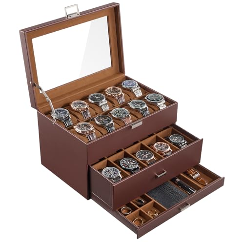 ProCase 3-Layer Watch Box with Glass Lid for Men, 20-Slot, Brown | PU Outer, Velvet Lining, Jewelry Storage Organizer with Drawer, for Straps Cufflinks Rings, Gift for Men Father Dad Husband - color: Brown, size: 20-Slot
